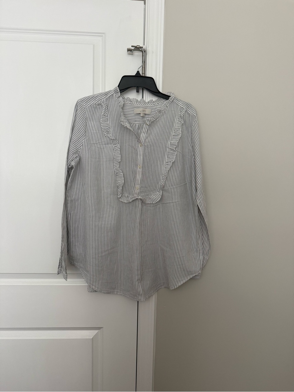 LOFT Light Blue and White Striped Ruffle Popover Blouse